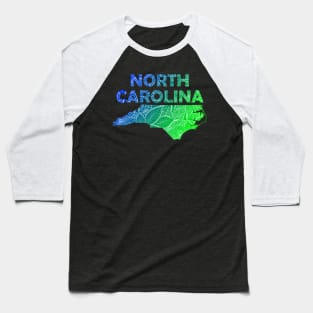 Colorful mandala art map of North Carolina with text in blue and green Baseball T-Shirt